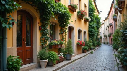 Charming European Street with Flower Boxes and Ivy