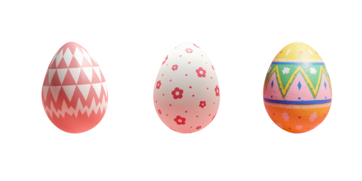 Set of three cute easter painted eggs with colorful pattern on transparent background in Kidcore style