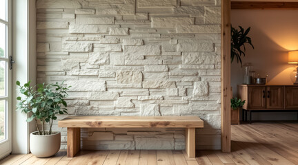 light wood bench against a pale stone wall