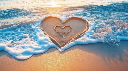 Fototapeta premium A heart drawn in the sand on an ocean beach at sunset, with waves crashing against it and a warm golden light reflecting off its surface.