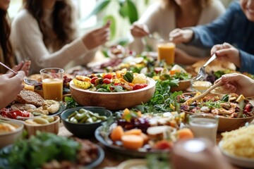 Friends gathered around a table enjoying a delicious and healthy meal together, filled with fresh vegetables and vibrant colors.