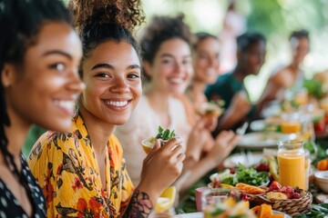 Happy diverse group of friends enjoying a healthy and delicious meal together outdoors.