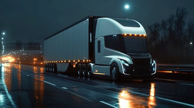 A white, new international truck is driving on the highway at night