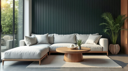 light-filled modern living room features a neutral sectional sofa a wooden coffee table.