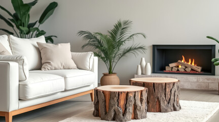minimalist living room with wooden stump side tables
