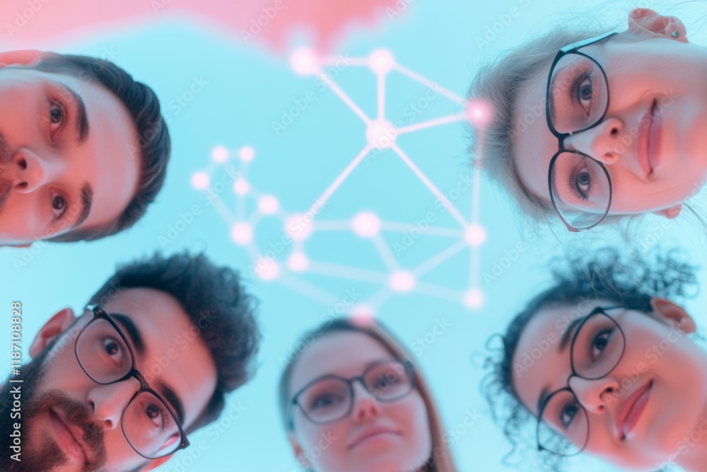 Poster diverse team collaborating around digital network in futuristic neon light