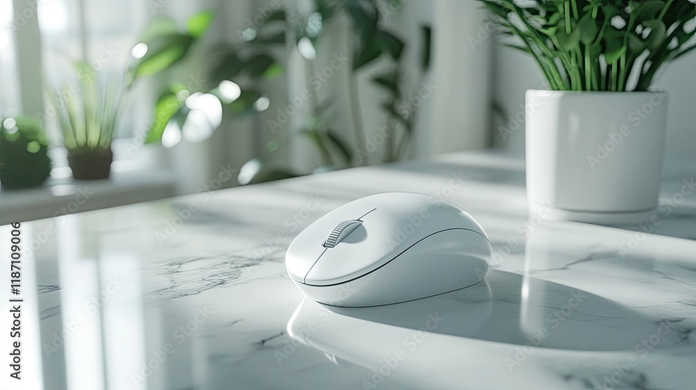 Poster white wireless computer mouse on marble surface