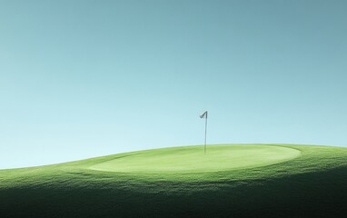 A minimalist golf course with lush green grass and a single flag waving in the wind