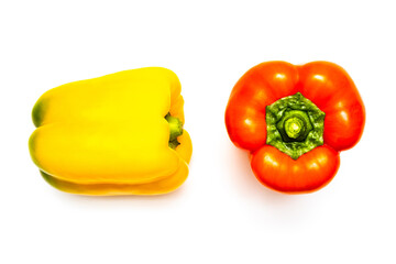 yellow and red bell peppers, on white background, top view. several sweet peppers on a white background. bell pepper isolate. top view