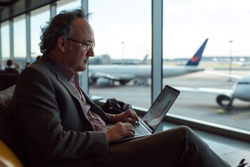 Middle-aged man in a tailored suit at an airport lounge, using his laptop to book a last-minute flight, with planes visible through the large glass windows