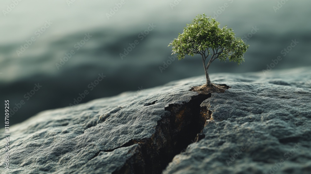 Poster a small tree emerging from a crack in a rock, symbolizing resilience and strength in nature.