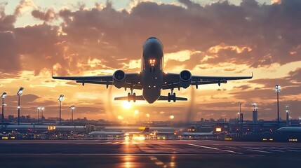 Naklejka premium A plane taking off from an airport runway at sunset, creating a dramatic and cinematic scene.