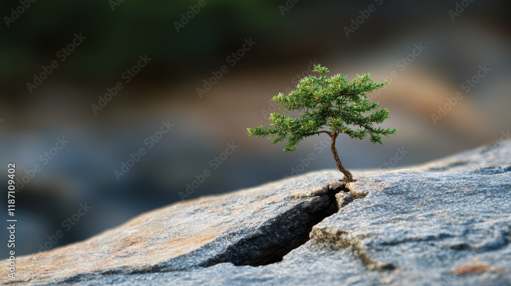 Poster a small tree emerging from a crack in a rock, symbolizing resilience and strength in nature.