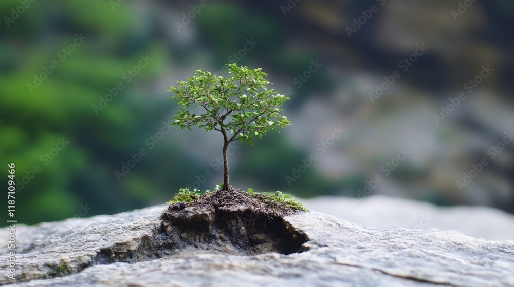 Poster a small tree emerging from a crack in a rock, symbolizing resilience and strength in nature.