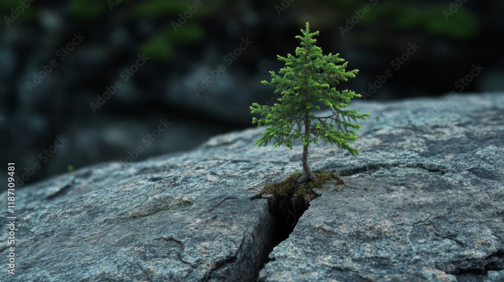 Aufkleber a small tree emerging from a crack in a rock, symbolizing resilience and strength in nature.