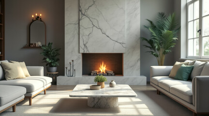 sunlit minimalist living room with marble fireplace
