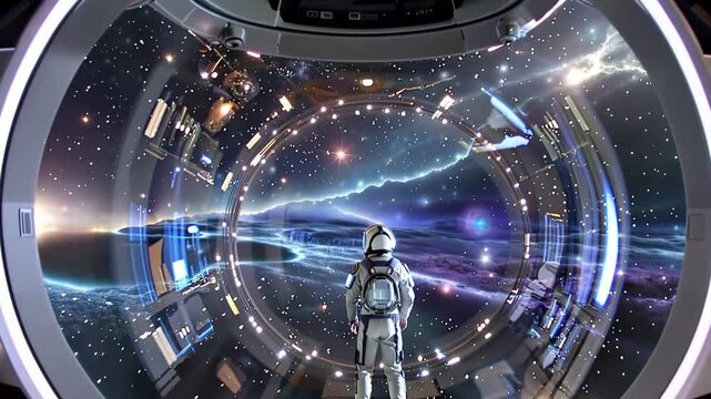 Astronaut gazing through a spaceship's illuminator in an empty galaxy.