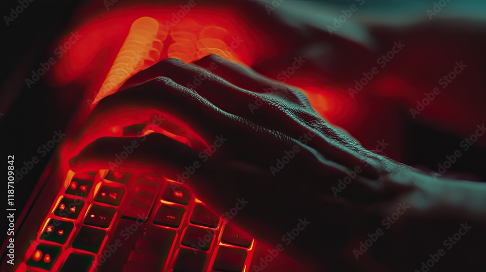 Poster hands typing on a red lit keyboard at night