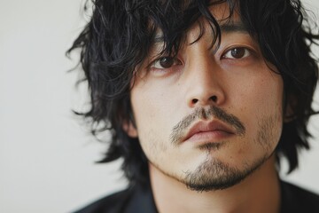 Obraz premium Close-up portrait of a man with dark, messy hair and a goatee, displaying a serious expression.