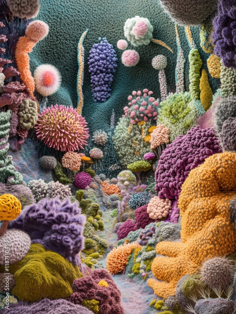 Poster exploring a vibrant world of bacteria forms and textures in a colorful abstract landscape. generativ
