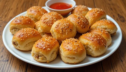Freshly baked sausage rolls, golden brown and flaky, with a crispy texture and a sprinkle of sesame seeds for added crunch. A classic savory snack or party favorite.