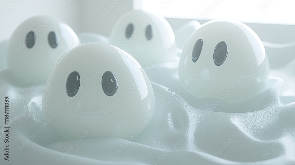 Poster white orb characters resting on soft fabric