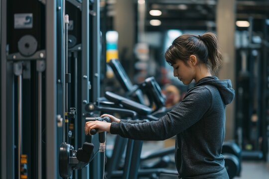 fitness enthusiast testing out sports equipment, surrounded by exercise machines in a gym store