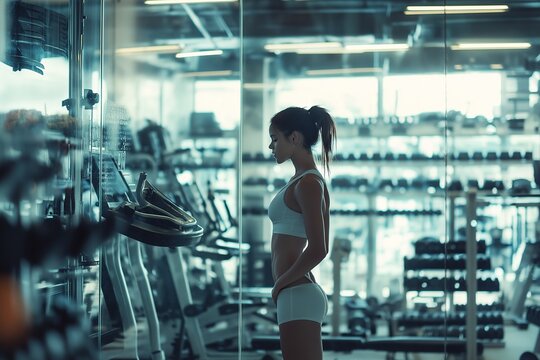 fitness enthusiast testing out sports equipment, surrounded by exercise machines in a gym store