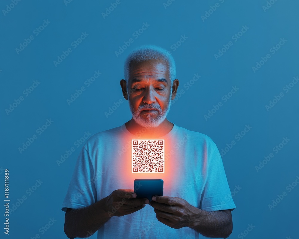 Aufkleber cyberpunk aesthetic older man with smartphone displaying glowing qr code in dim blue light