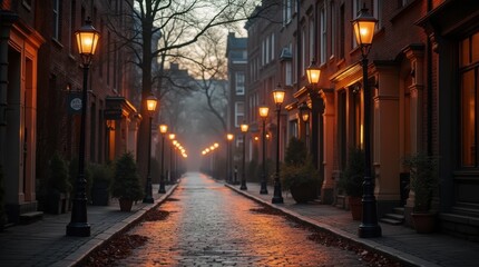 Fototapeta premium Glowing Streetlamps on a Cobblestone Street at Dusk
