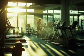 Fototapeta premium fitness enthusiast testing out sports equipment, surrounded by exercise machines in a gym store