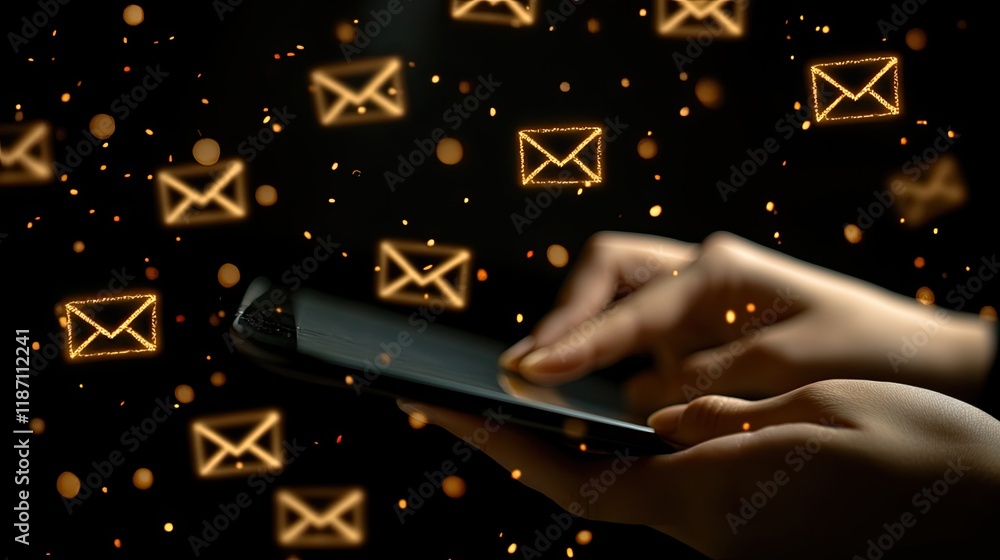 Poster hands using tablet with glowing email icons