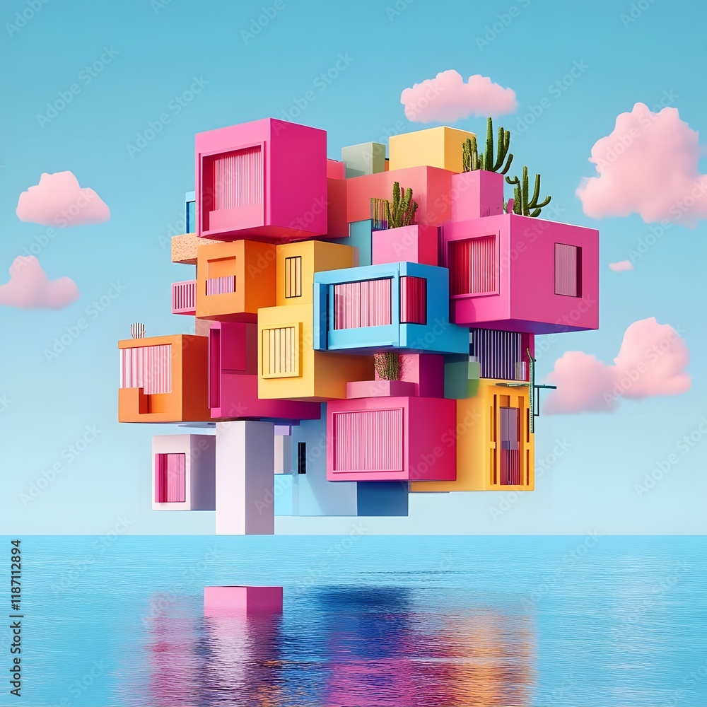 Poster a colorful floating structure with modern designs and cacti, set against a bright sky.