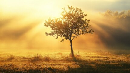 A young tree growing in an open field, with golden rays of sunrise shining through the morning mist.