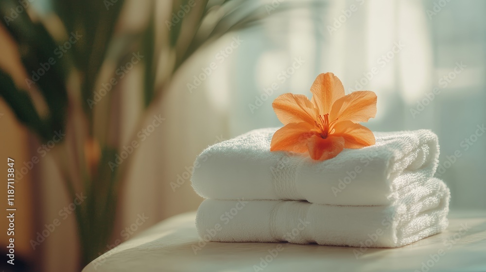 Poster Soft white towels stacked neatly with an orange flower on top, creating a serene and inviting atmosphere in a brightly lit spa or hotel room, perfect for relaxation and pampering