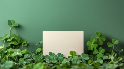 Blank Card Amidst Lush Green Clover Leaves