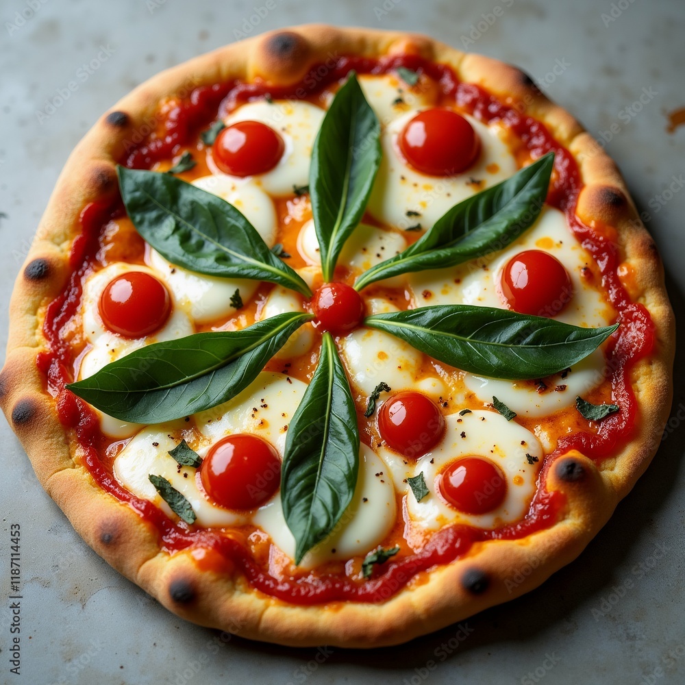 Poster the image is a close-up of a pizza on a gray countertop. the pizza has a golden-brown crust and is t