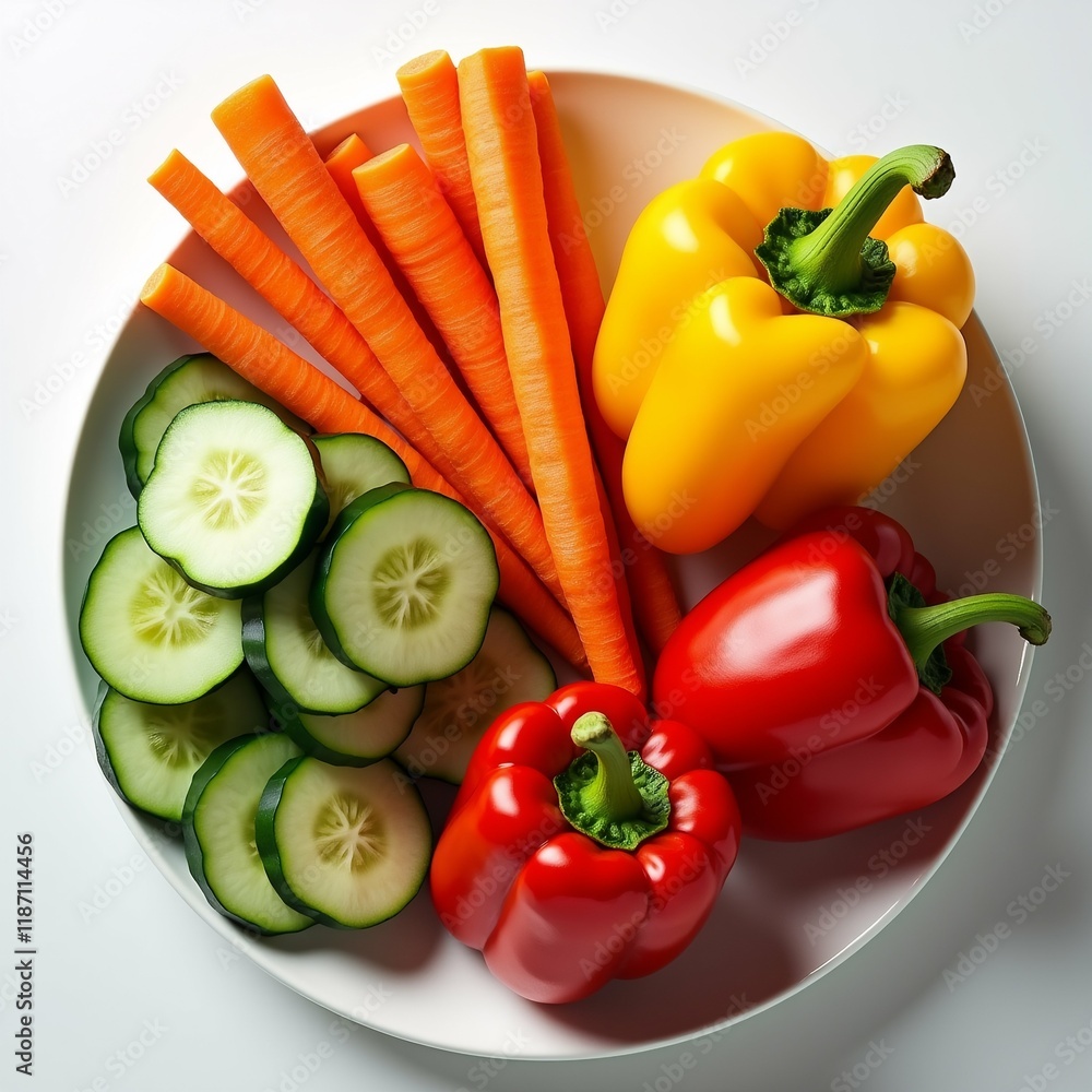Poster The image is a close-up of a white plate with a variety of fresh vegetables arranged on it. On the left side of the plate, there are several sliced cucumbers arranged in a circular pattern.