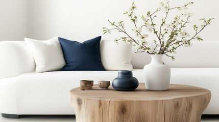 Stylish composition at white interior with wooden coffee table, spring flowers in vase, pillows on thw sofa in modern home decor. Details