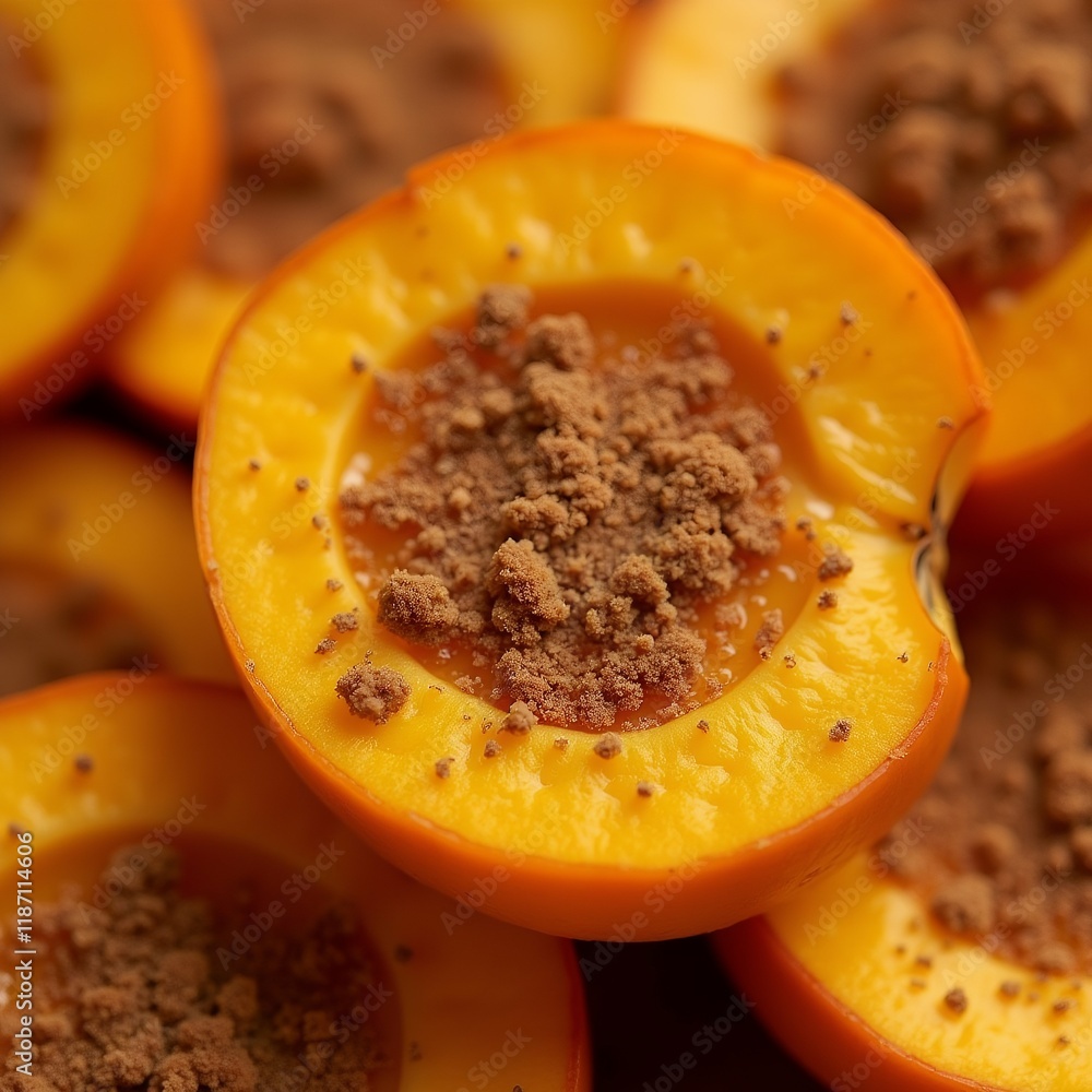 Poster the image shows a close-up of a group of sliced acorn squash. the squash are orange in color and hav