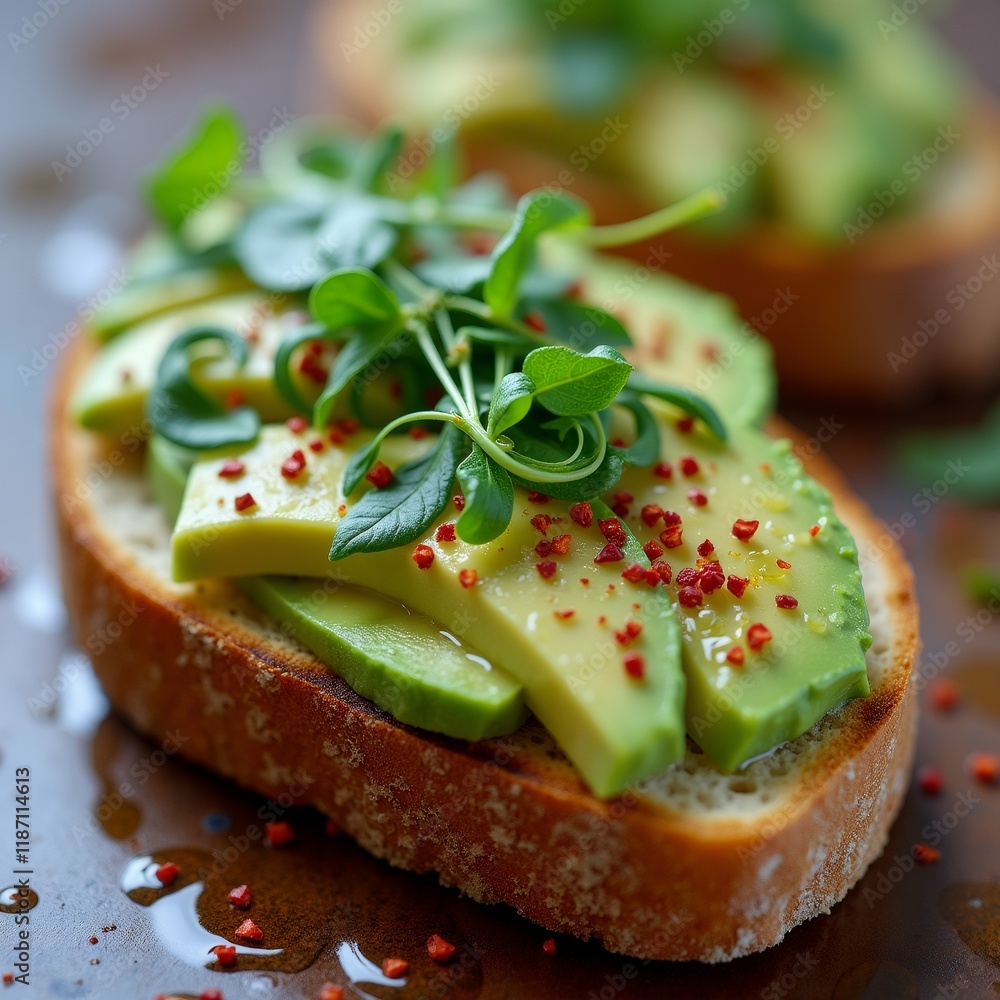 Poster the image shows a close-up of a slice of bread topped with sliced avocado and a sprig of fresh green