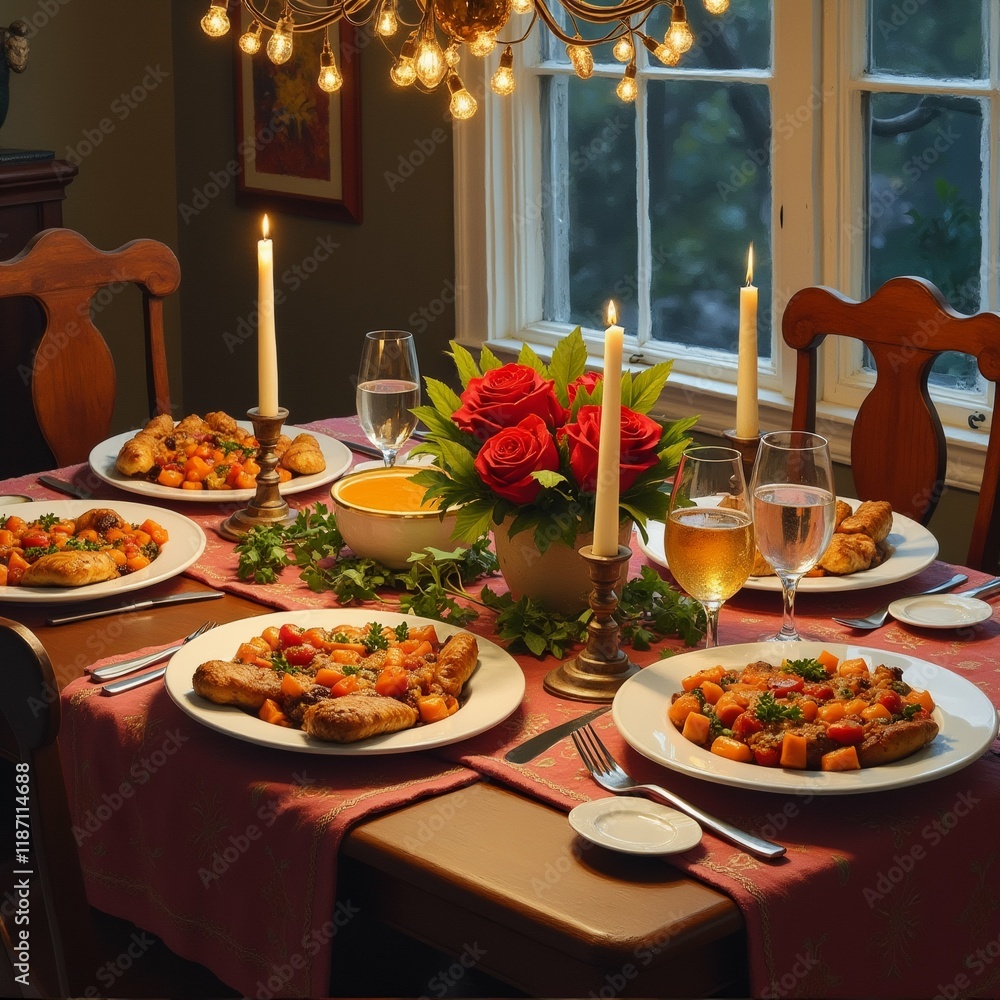 Poster the image shows a dining table set for a meal in a dining room. the table is covered with a red tabl