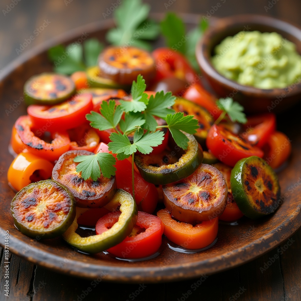 Poster the image shows a plate of sliced tomatoes and bell peppers on a wooden table. the tomatoes are red 