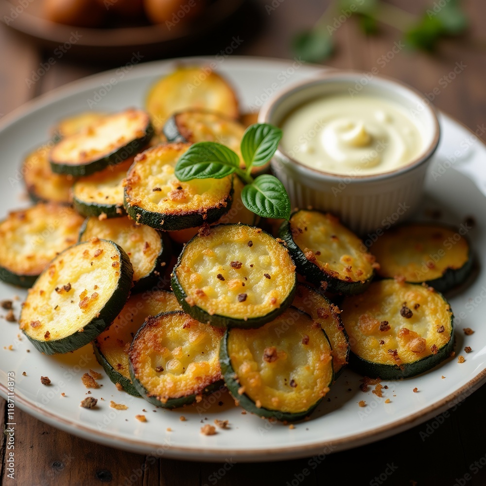 Poster the image shows a plate of zucchini chips on a wooden table. the chips are arranged in a circular pa