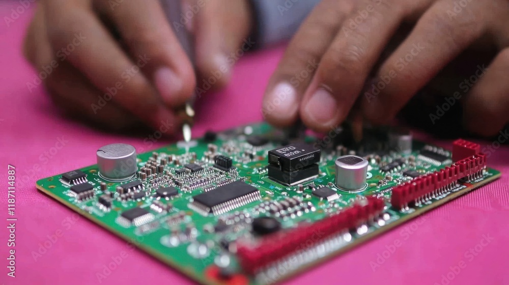 Aufkleber hands working on a circuit board with electronic components, creating and assembling technology in a
