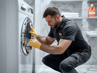Repairman fixing washing machine in bathroom laundry room