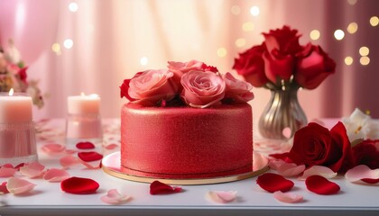 festive pastel red cake with rose flower petals on a table embellished for a celebration celebration