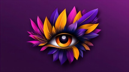 A vibrant digital art piece featuring a stylized eye adorned with colorful, leaf-like elements.