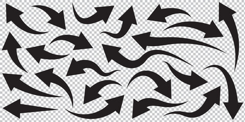 Set of curved arrows isolated on white background. Curved arrows, hand drawn curved arrows. Collection of pointers. black arrow icon on white background.  curved arrow sign. Curve arrow icon vector 