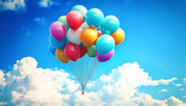 Colorful bunch of balloons soaring and alying in the sky among clouds joyful scene, vibrant colors


